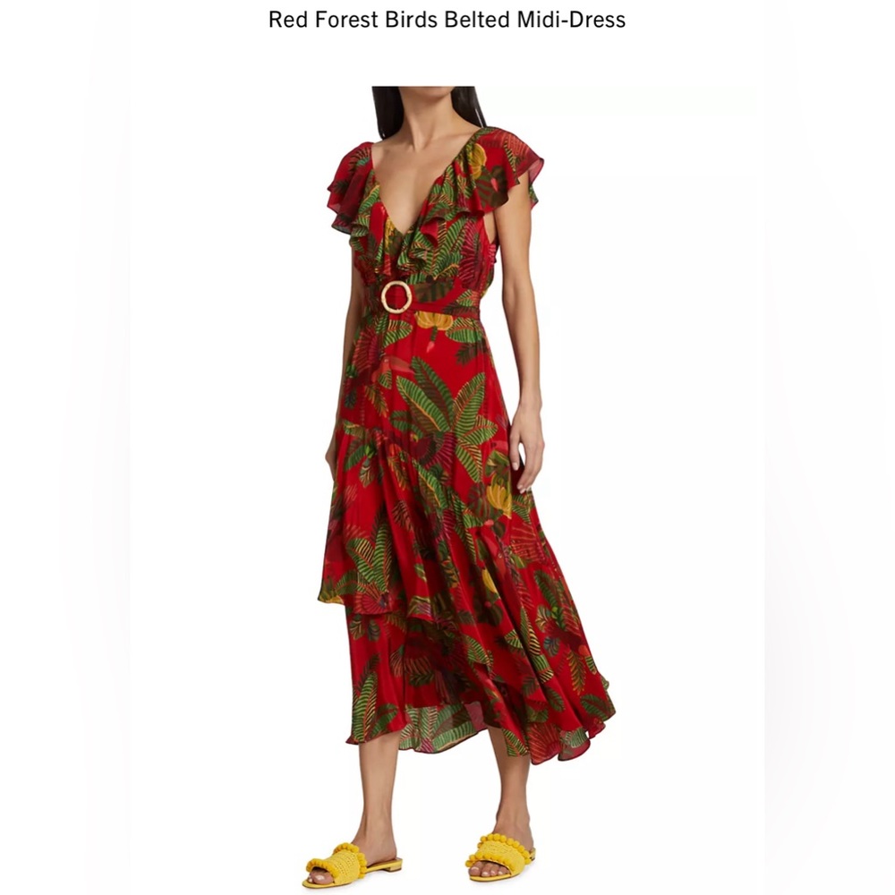 Farm Rio Red Forest Birds Printed Belted Midi Dress